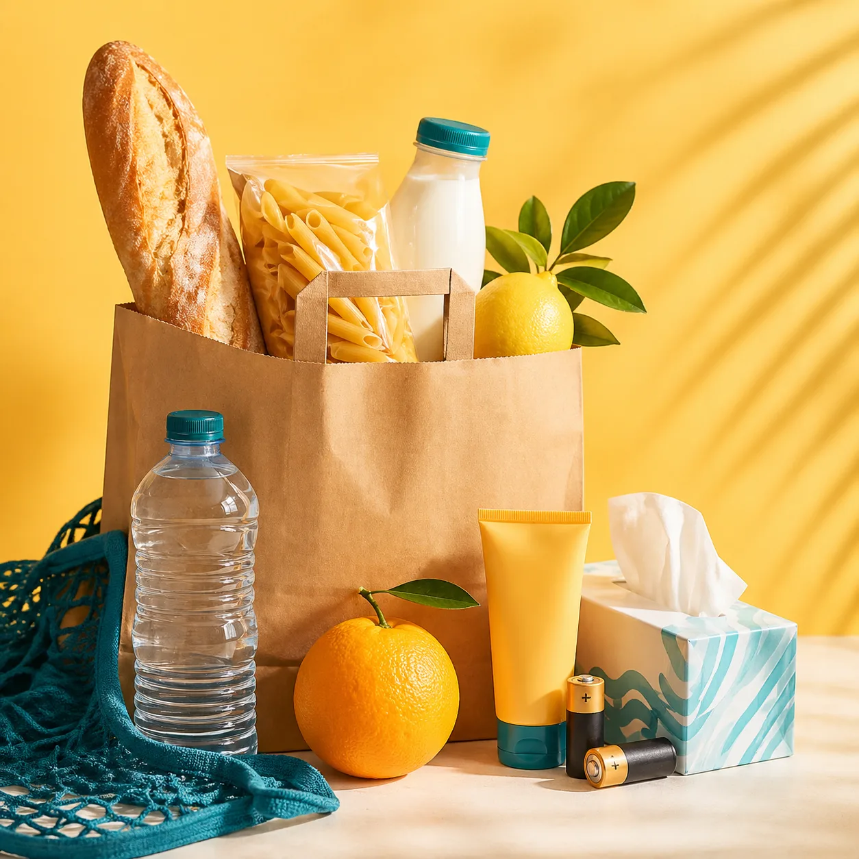 Sac de courses garni : pain, pâtes, lait, citron, eau, crème solaire et essentiels du quotidien
