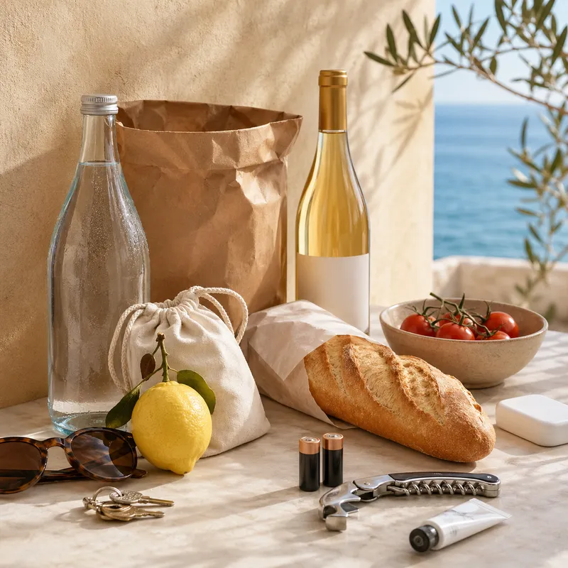 Essentiels de dépannage face à la mer : eau, pain, vin, citron, tomates, piles, tire-bouchon, lunettes et clés