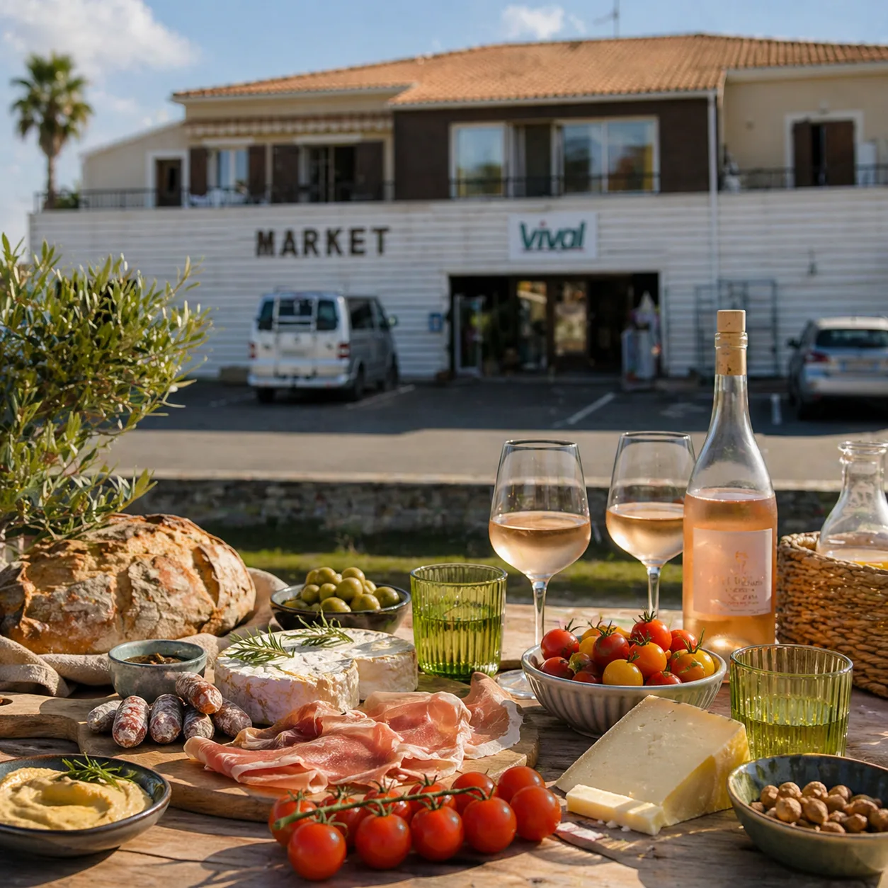 Le Vival de Poggio-Mezzana avec une table garnie de produits frais corses : pain, charcuterie, fromages, tomates, olives et vin rosé