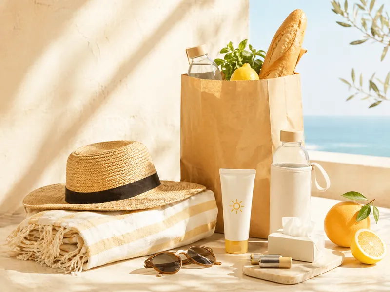 Essentiels d'été : chapeau de paille, serviette, lunettes de soleil, crème solaire, eau, baguette, citrons et oranges sur une terrasse face à la mer