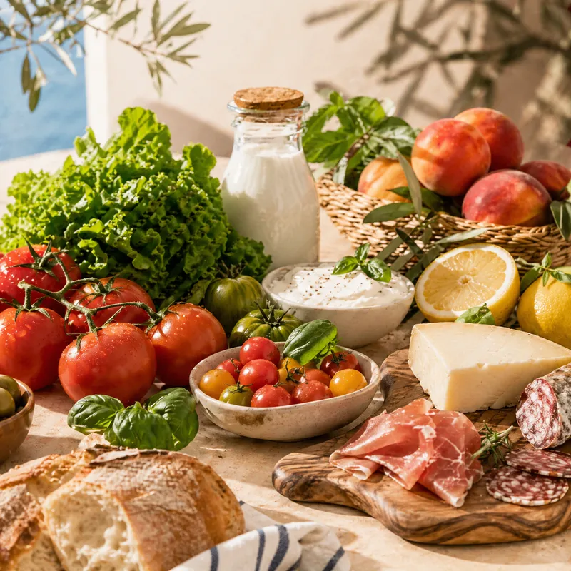 Étalage de produits frais corses : tomates, salade, lait, pêches, citrons, fromage, charcuterie, basilic, olives et pain
